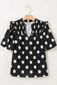 Nola Notched Balloon Sleeve Black & White Polkadot Blouse-Reef Love