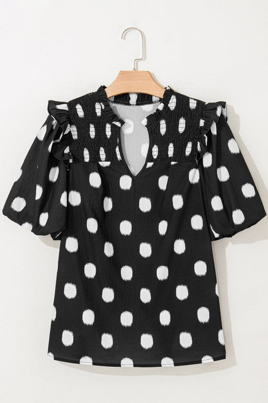 Nola Notched Balloon Sleeve Black & White Polkadot Blouse-Reef Love
