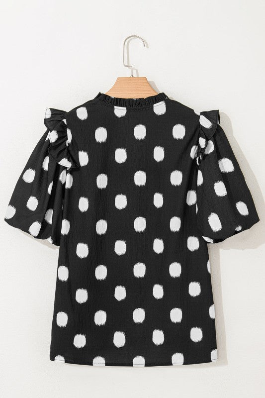 Nola Notched Balloon Sleeve Black & White Polkadot Blouse-Reef Love