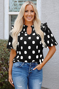 Nola Notched Balloon Sleeve Black & White Polkadot Blouse-Reef Love