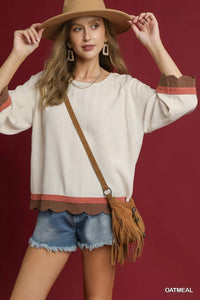 Oatmeal Linen Scalloped Hem Color Block Tunic-Make a stylish statement with this Scalloped Hem Color Block Tunic Top - creating a bold and trendy look. The scalloped hem detail provides a unique and touch.