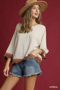 Oatmeal Linen Scalloped Hem Color Block Tunic-Make a stylish statement with this Scalloped Hem Color Block Tunic Top - creating a bold and trendy look. The scalloped hem detail provides a unique and touch.