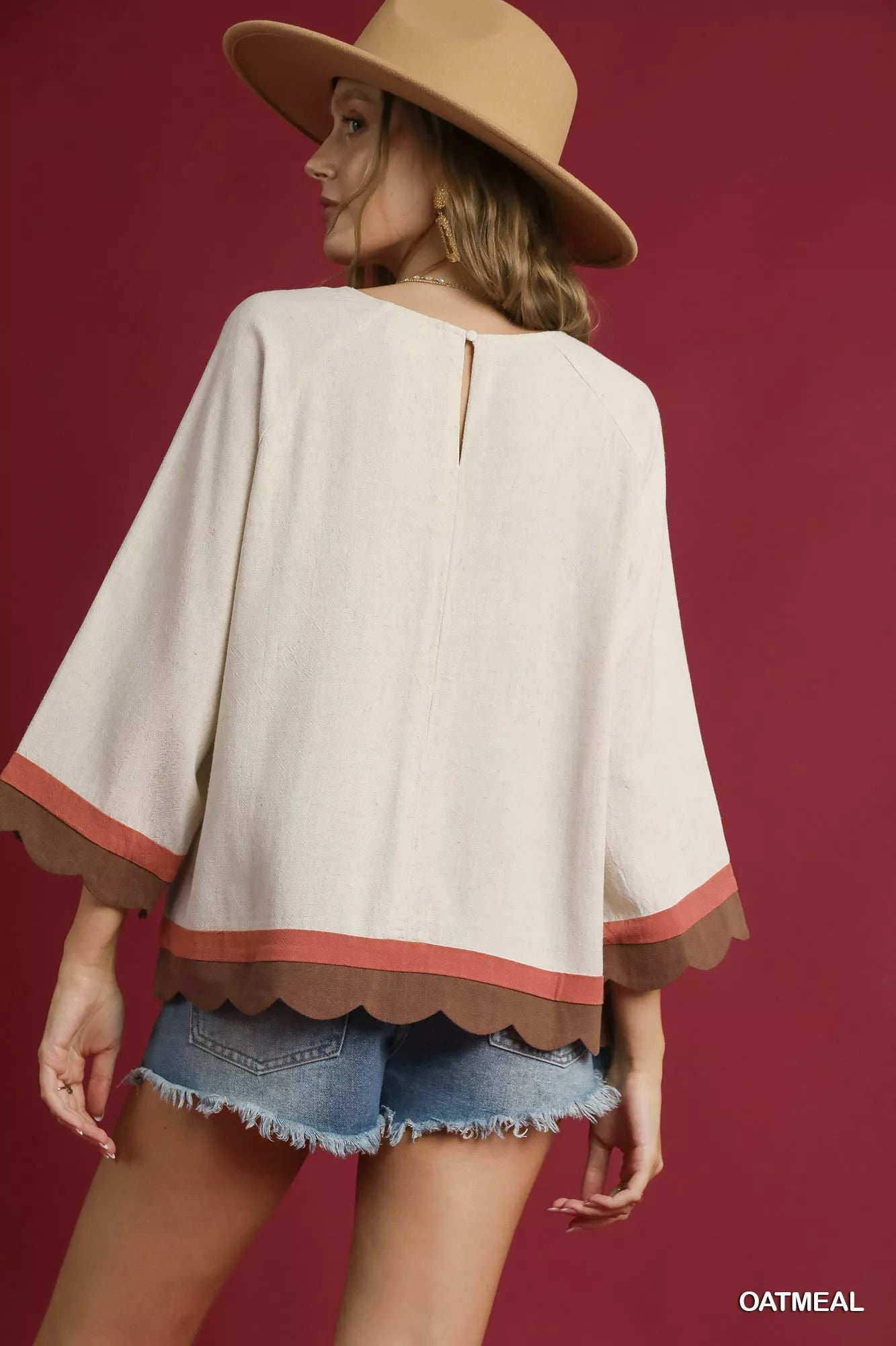 Oatmeal Linen Scalloped Hem Color Block Tunic-Make a stylish statement with this Scalloped Hem Color Block Tunic Top - creating a bold and trendy look. The scalloped hem detail provides a unique and touch.