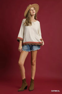 Oatmeal Linen Scalloped Hem Color Block Tunic-Make a stylish statement with this Scalloped Hem Color Block Tunic Top - creating a bold and trendy look. The scalloped hem detail provides a unique and touch.