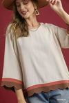 Oatmeal Linen Scalloped Hem Color Block Tunic-Make a stylish statement with this Scalloped Hem Color Block Tunic Top - creating a bold and trendy look. The scalloped hem detail provides a unique and touch.