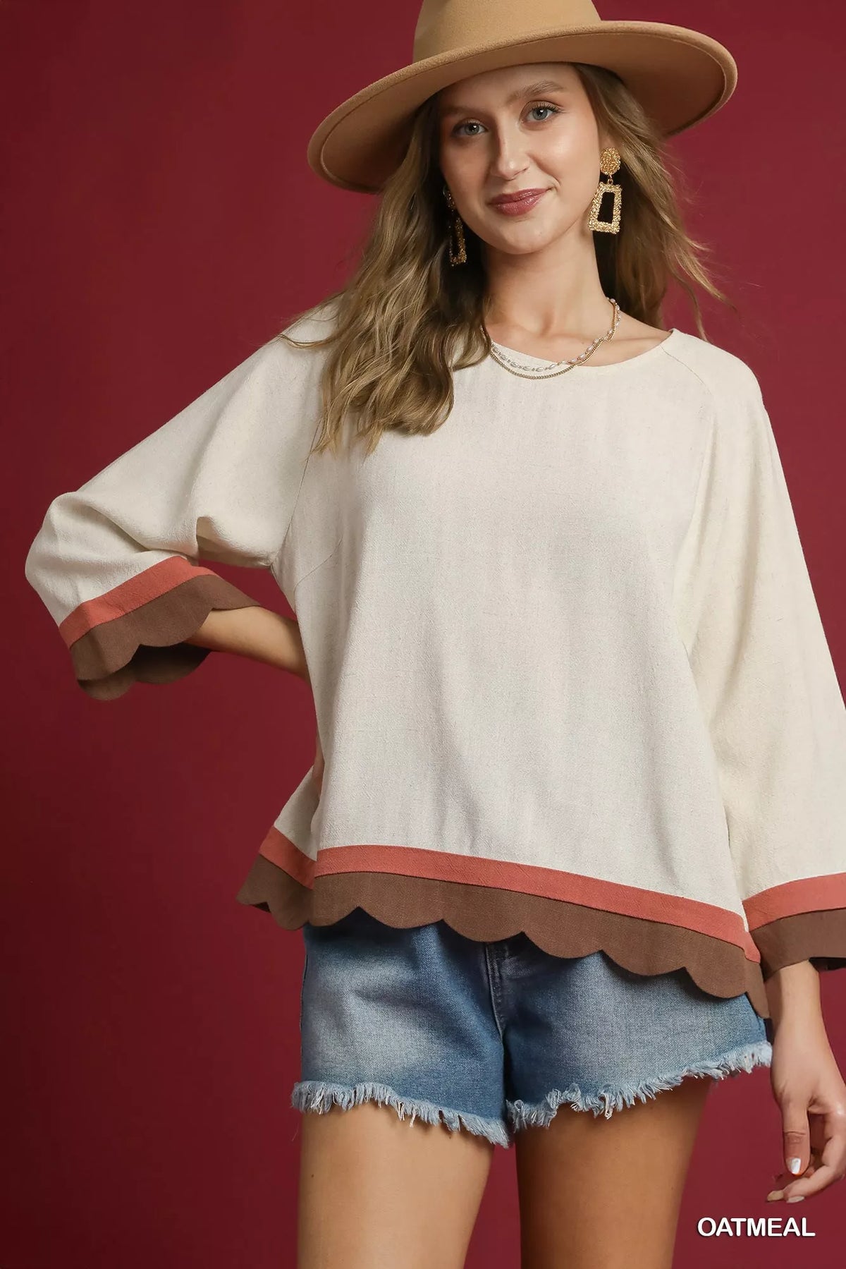 Oatmeal Linen Scalloped Hem Color Block Tunic-Make a stylish statement with this Scalloped Hem Color Block Tunic Top - creating a bold and trendy look. The scalloped hem detail provides a unique and touch.
