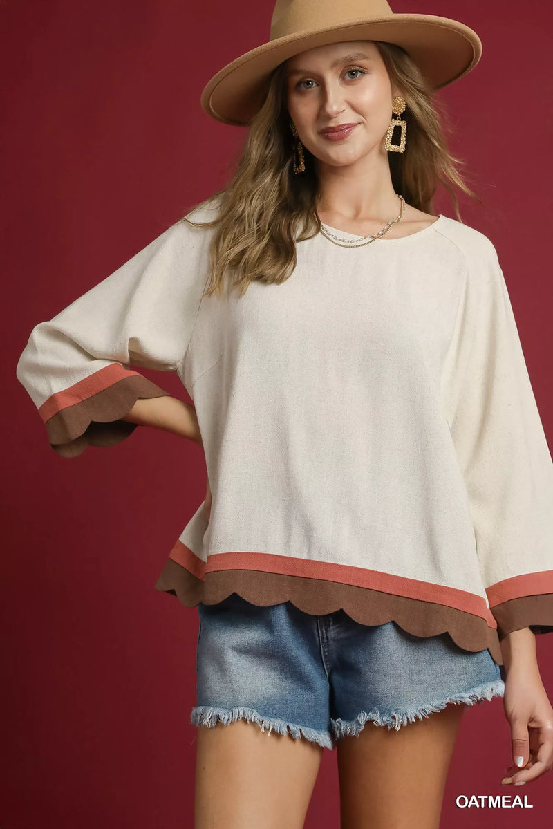 Oatmeal Linen Scalloped Hem Color Block Tunic-Make a stylish statement with this Scalloped Hem Color Block Tunic Top - creating a bold and trendy look. The scalloped hem detail provides a unique and touch.