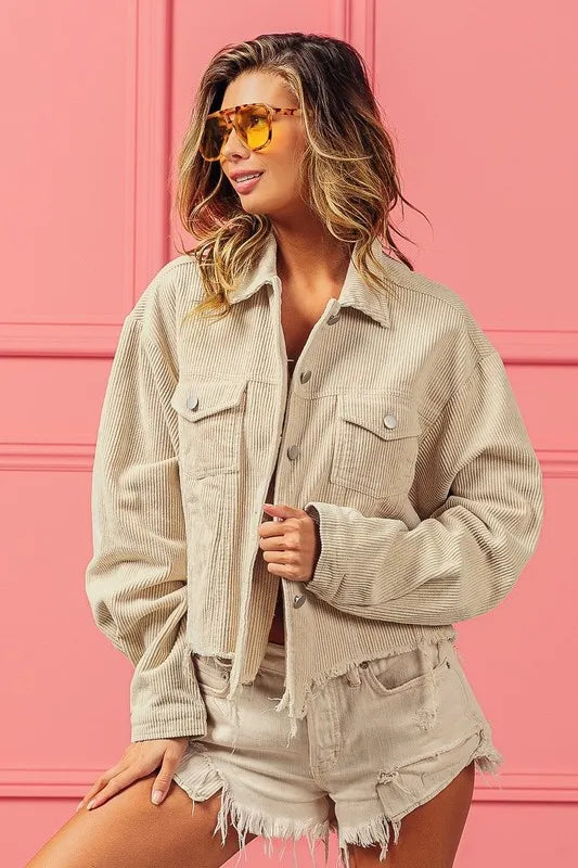 Oatmeal Vintage Washed Corduroy Jacket-Oatmeal vintage washed corduroy jacket with raw hem and pockets. A neutral, retro-inspired layering piece that’s chic, versatile, and perfect year-round.-Reef Love