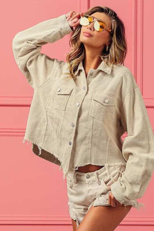 Oatmeal Vintage Washed Corduroy Jacket-Oatmeal vintage washed corduroy jacket with raw hem and pockets. A neutral, retro-inspired layering piece that’s chic, versatile, and perfect year-round.-Reef Love