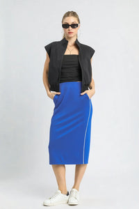 Ocean Contrast Piping Pencil Midi Skirt-Contrast Piping Pencil Midi Skirt, a chic blend of structure, stretch, and modern style. Designed with a high-waisted silhouette to flatter your natural curves.-Reef Love Boho-Chic Boutique