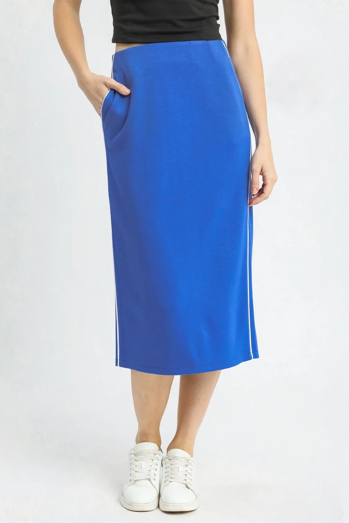 Ocean Contrast Piping Pencil Midi Skirt-Contrast Piping Pencil Midi Skirt, a chic blend of structure, stretch, and modern style. Designed with a high-waisted silhouette to flatter your natural curves.-Reef Love Boho-Chic Boutique