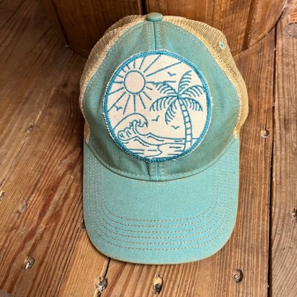 Ocean Scene Embroidered Patch Distressed Baseball Cap-Ocean Scene Embroidered Patch Distressed Baseball Cap. Distressed Headmost Brand Cap, Tan Mesh, Snapback Closure. Entire cap is soft and superior quality.