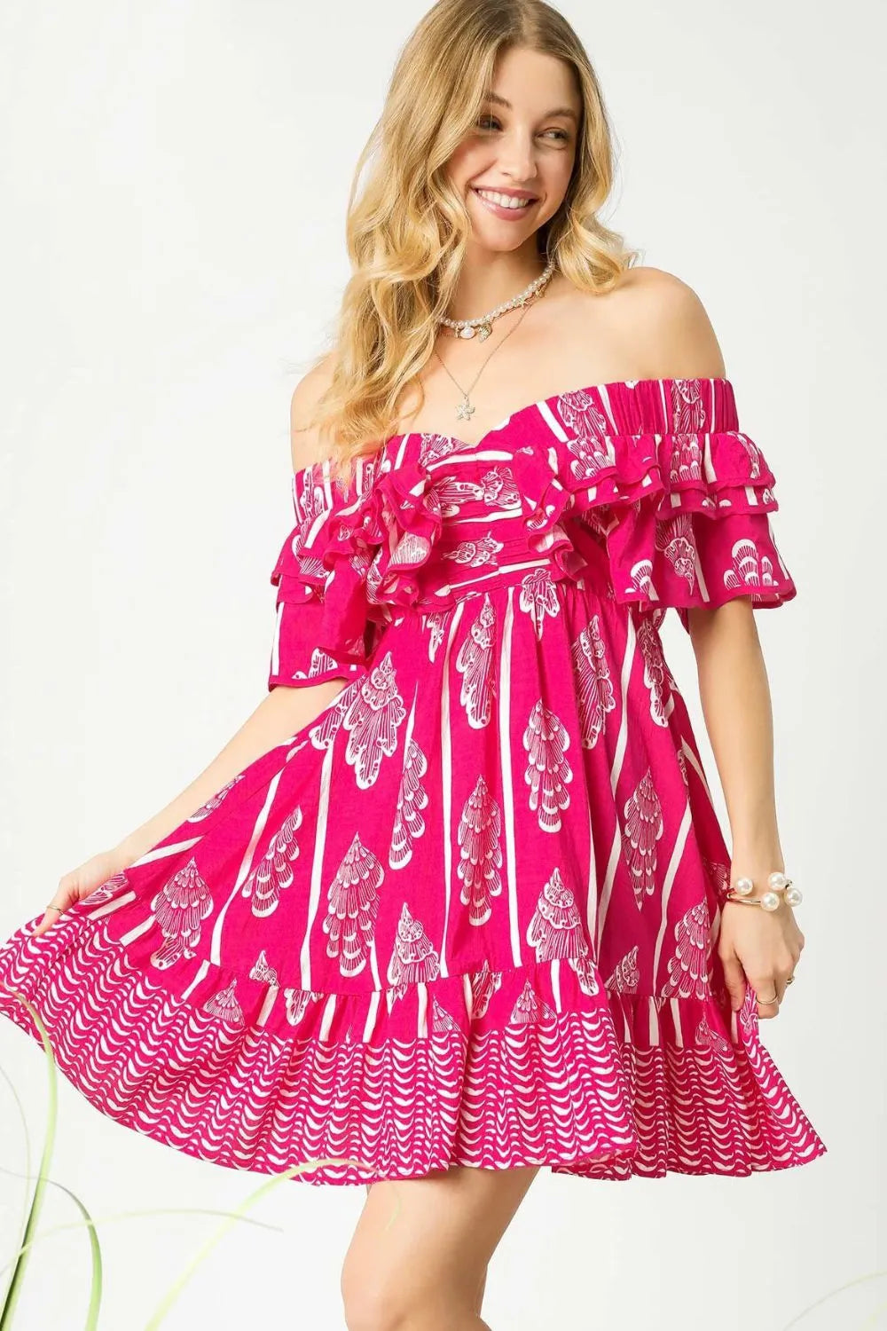 Off-Shoulder Paisley Print Ruffled Mini Dress-Off-Shoulder Paisley Print Ruffled Mini Dress. Designed with a flattering smocked neckline that stays comfortably in place, this dress shows off your shoulders.-Reef Love Boho-Chic Boutique