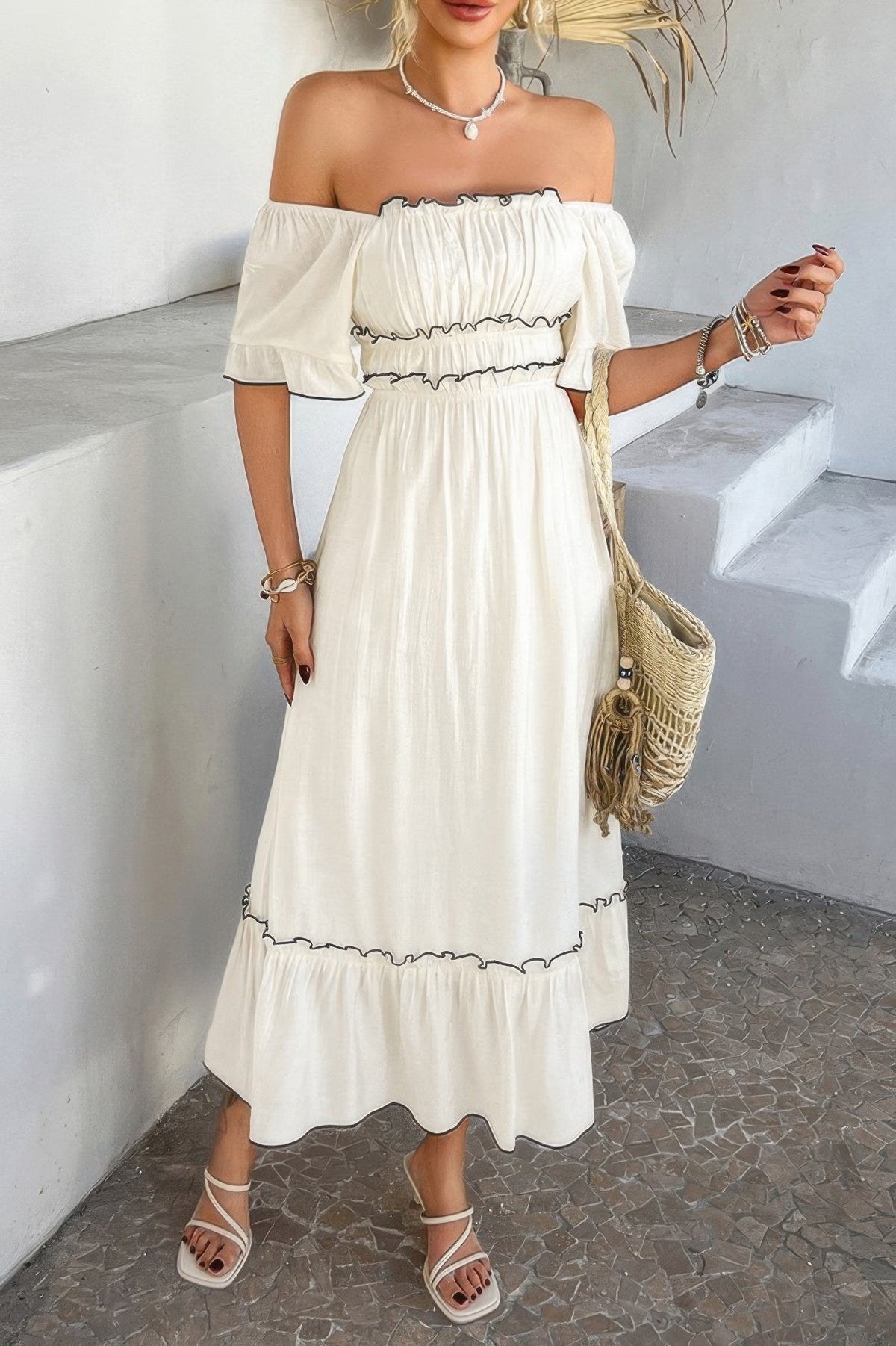 Off Shoulder Scoop Back Ruffle Trim Dress-Off-Shoulder Scoop Back Ruffle Trim Maxi Dress - A chic and sultry piece perfect for making a statement. The off-shoulder neckline frames your shoulders.-Reef Love Boho-Chic Boutique