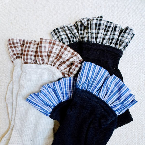 Oh So Chic Plaid Ruffle Top Socks-Add a preppy twist to your wardrobe with the Oh So Chic Plaid Ruffle Top Socks. Featuring a charming plaid design and delicate ruffle trim.