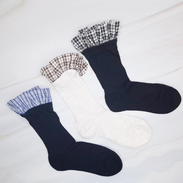 Oh So Chic Plaid Ruffle Top Socks-Add a preppy twist to your wardrobe with the Oh So Chic Plaid Ruffle Top Socks. Featuring a charming plaid design and delicate ruffle trim.