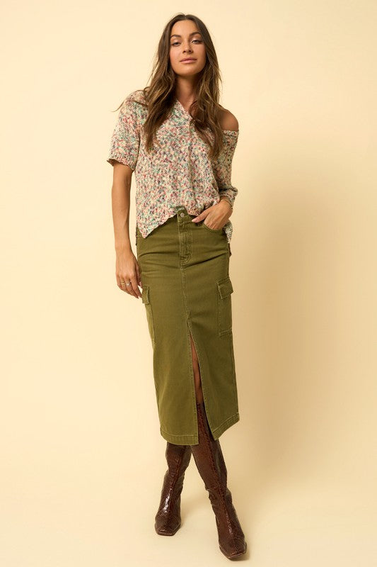 Olive Cargo Denim Midi Skirt