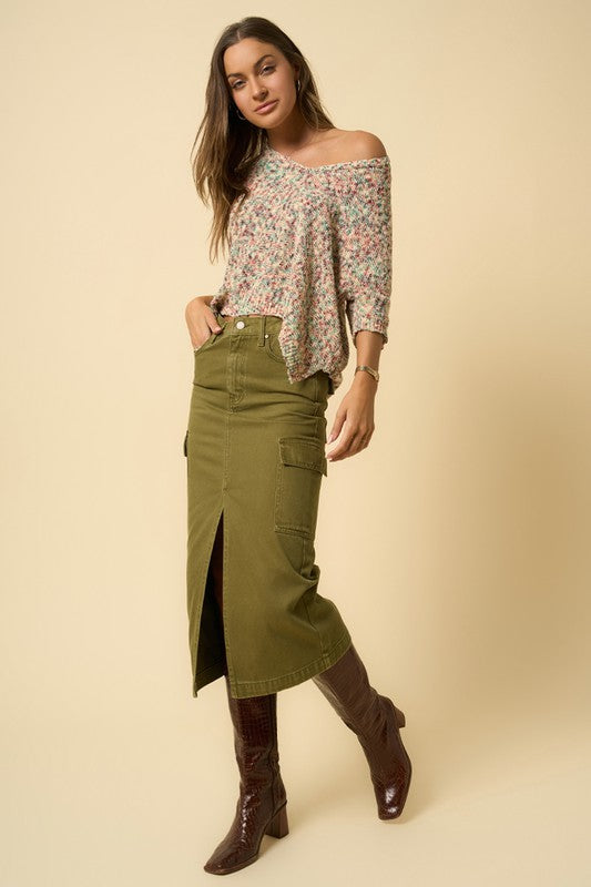 Olive Cargo Denim Midi Skirt
