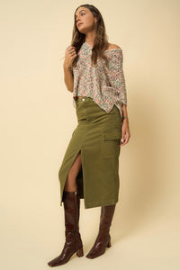 Olive Cargo Denim Midi Skirt