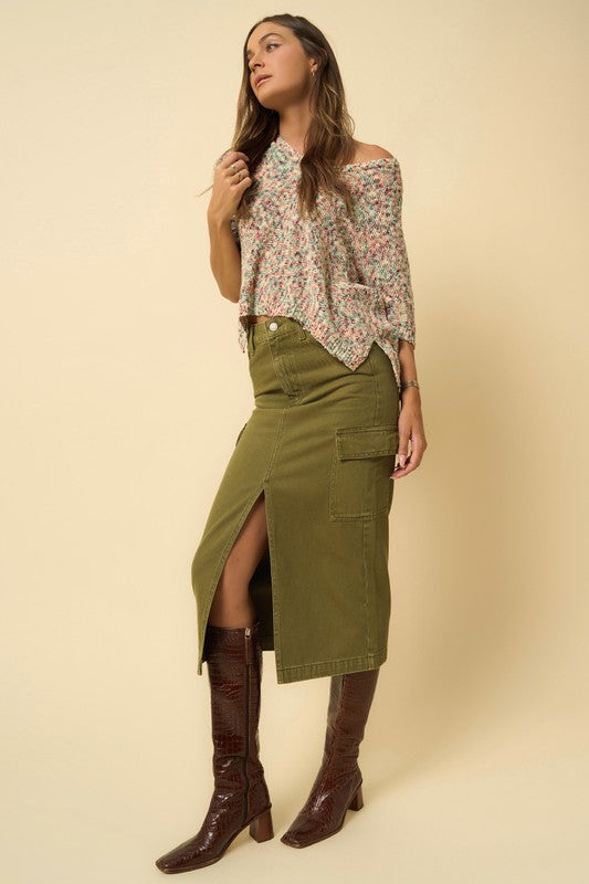 Olive Cargo Denim Midi Skirt