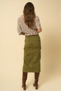 Olive Cargo Denim Midi Skirt