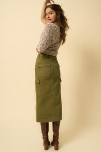 Olive Cargo Denim Midi Skirt