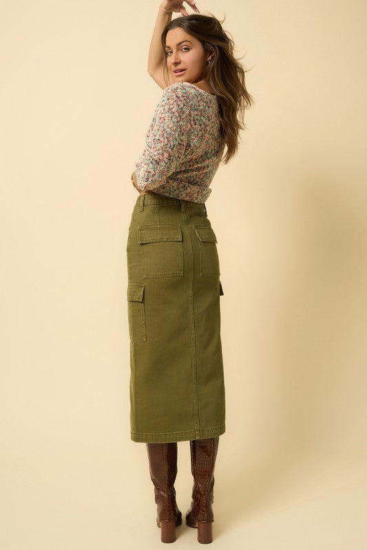 Olive Cargo Denim Midi Skirt