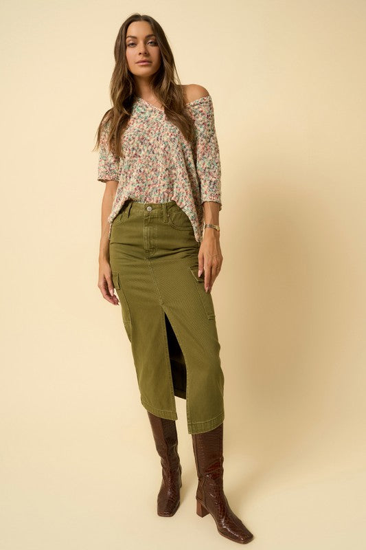 Olive Cargo Denim Midi Skirt