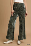 Olive Green Velvet Pleated Wide Leg Pants-Olive green velvet pleated wide-leg pants with high waist and elastic waistband. Luxe crushed velvet design for chic evenings, holiday parties, or office wear.-Reef Love