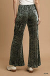 Olive Green Velvet Pleated Wide Leg Pants-Olive green velvet pleated wide-leg pants with high waist and elastic waistband. Luxe crushed velvet design for chic evenings, holiday parties, or office wear.-Reef Love