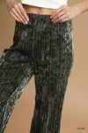 Olive Green Velvet Pleated Wide Leg Pants-Olive green velvet pleated wide-leg pants with high waist and elastic waistband. Luxe crushed velvet design for chic evenings, holiday parties, or office wear.-Reef Love