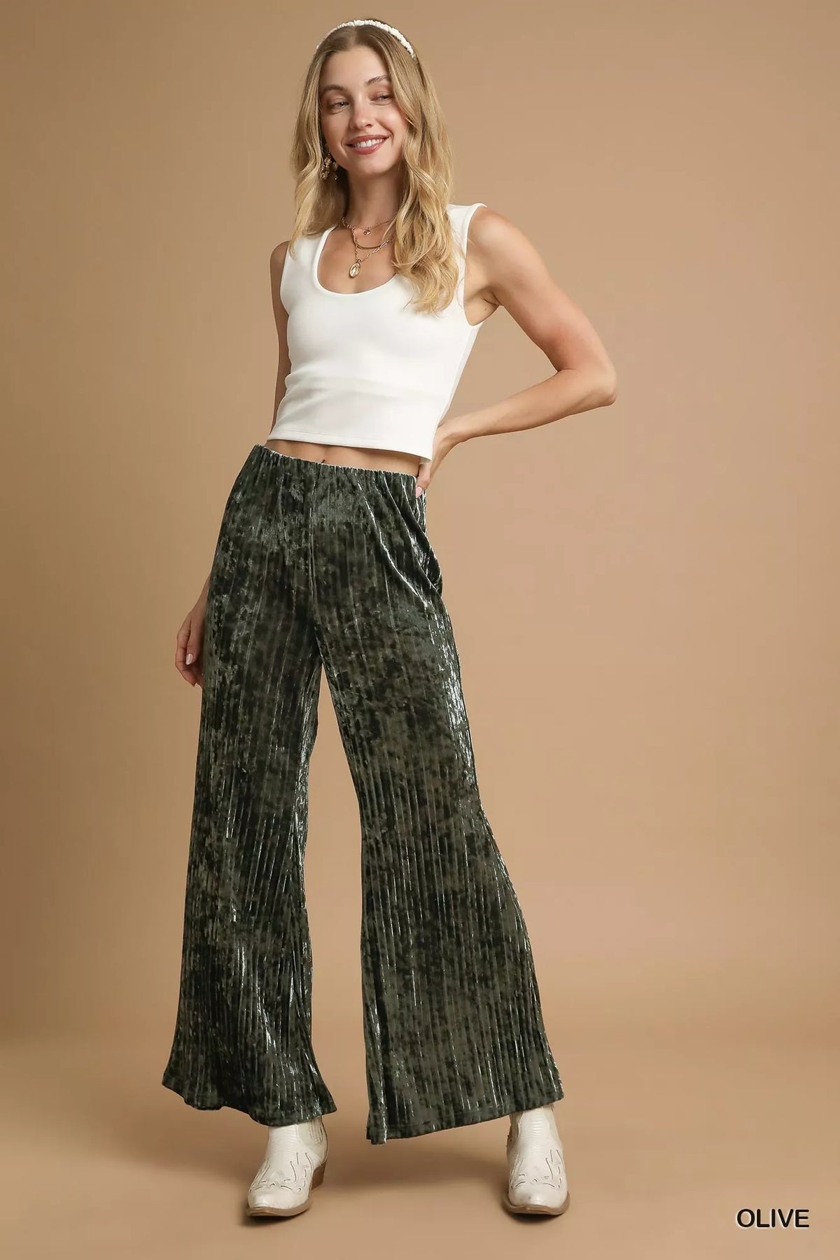 Olive Green Velvet Pleated Wide Leg Pants-Olive green velvet pleated wide-leg pants with high waist and elastic waistband. Luxe crushed velvet design for chic evenings, holiday parties, or office wear.-Reef Love