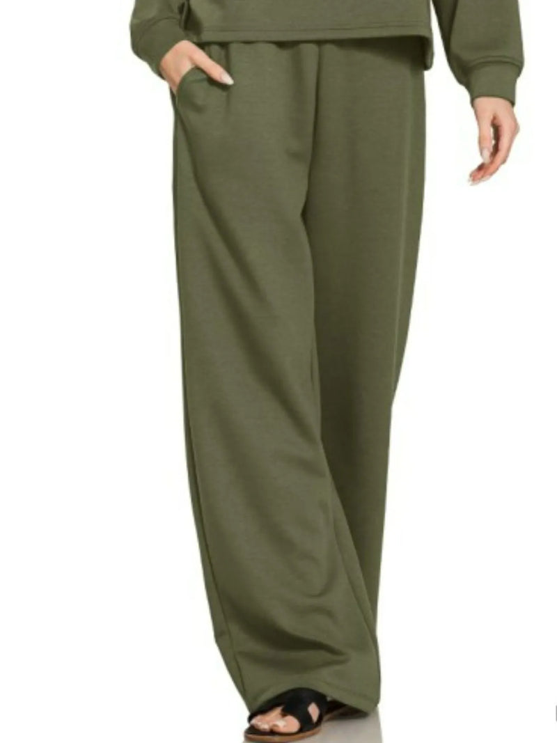 Olive Scuba Crewneck Sweatshirt and Pants Lounge Set-Olive scuba crewneck sweatshirt & pants lounge set. Oversized two-piece outfit with wide-leg pants and pockets for cozy, casual, and on-trend everyday style.-Reef Love