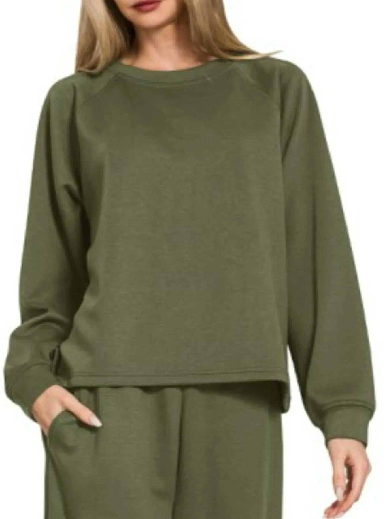 Olive Scuba Crewneck Sweatshirt and Pants Lounge Set-Olive scuba crewneck sweatshirt & pants lounge set. Oversized two-piece outfit with wide-leg pants and pockets for cozy, casual, and on-trend everyday style.-Reef Love