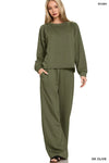 Olive Scuba Crewneck Sweatshirt and Pants Lounge Set-Olive scuba crewneck sweatshirt & pants lounge set. Oversized two-piece outfit with wide-leg pants and pockets for cozy, casual, and on-trend everyday style.-Reef Love