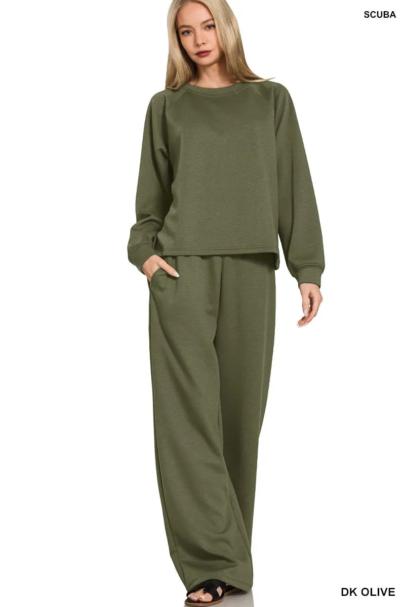 Olive Scuba Crewneck Sweatshirt and Pants Lounge Set-Olive scuba crewneck sweatshirt & pants lounge set. Oversized two-piece outfit with wide-leg pants and pockets for cozy, casual, and on-trend everyday style.-Reef Love