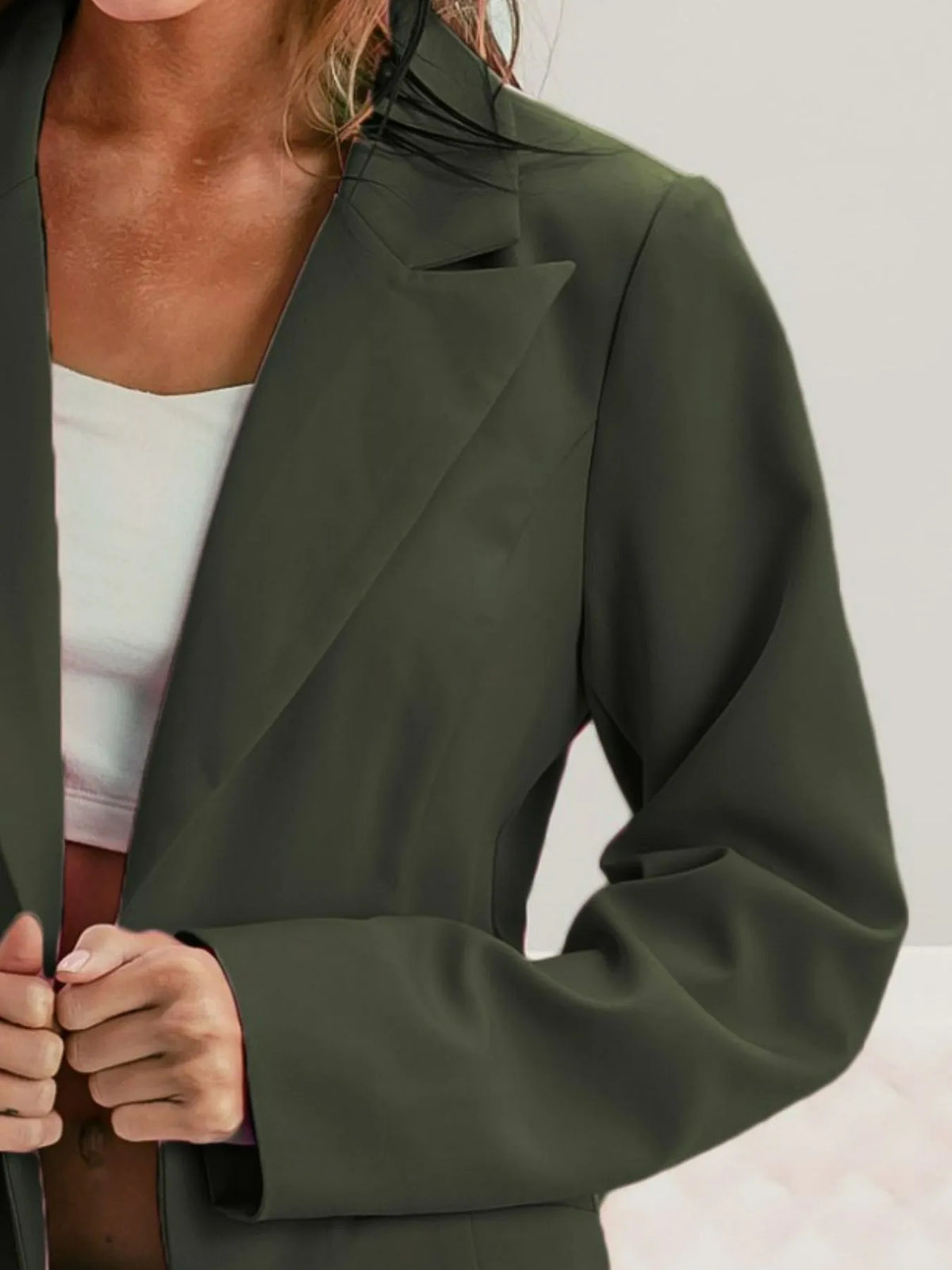 Olive Single Breasted Peaked Lapel Blazer-Olive green single breasted peaked lapel blazer with button closure and flap pockets. Lightweight cotton-blend layer with timeless tailoring and boho-chic versatility.-Reef Love