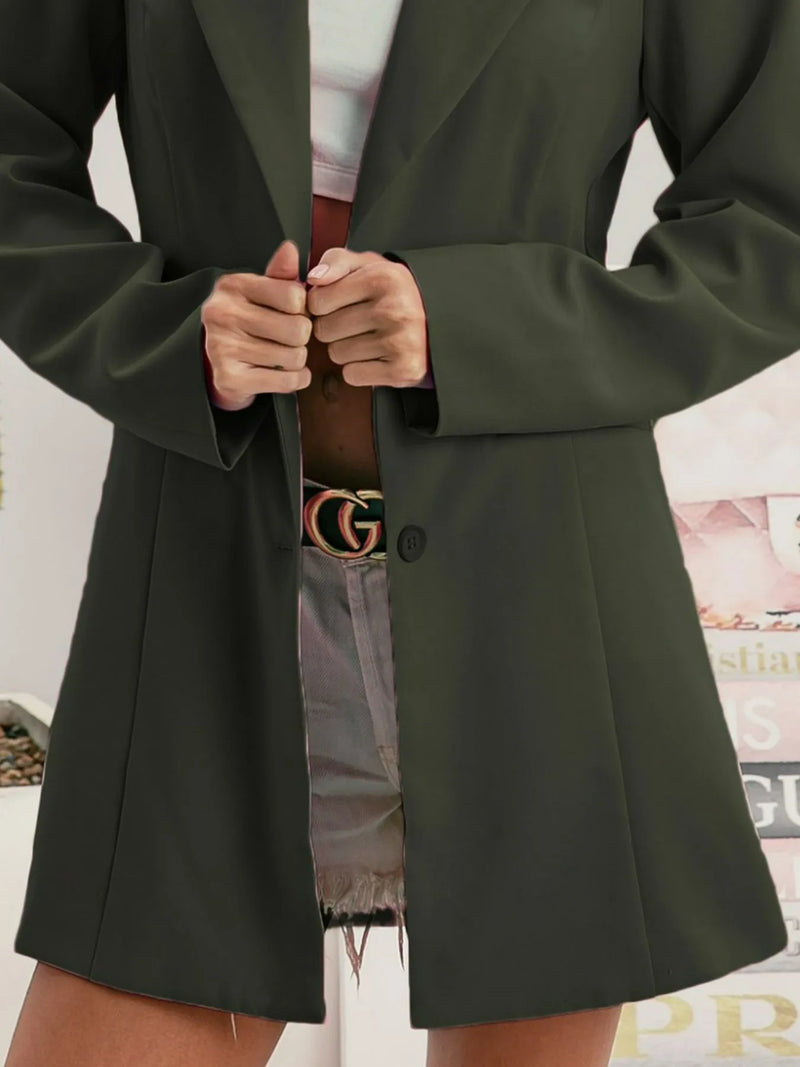 Olive Single Breasted Peaked Lapel Blazer-Olive green single breasted peaked lapel blazer with button closure and flap pockets. Lightweight cotton-blend layer with timeless tailoring and boho-chic versatility.-Reef Love