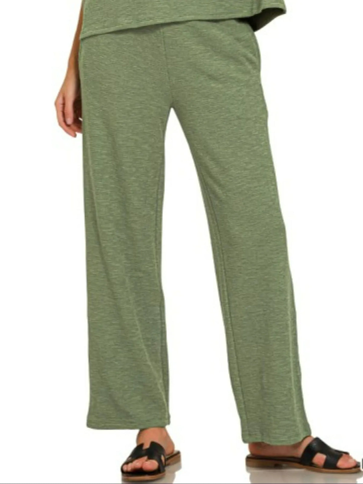 Olive Slub Short Sleeve T-Shirt and Pants Lounge Set-Olive slub lounge set with asymmetrical short-sleeve top and wide-leg pants. Soft cotton-blend two-piece outfit for chic, comfortable casual wear.-Reef Love