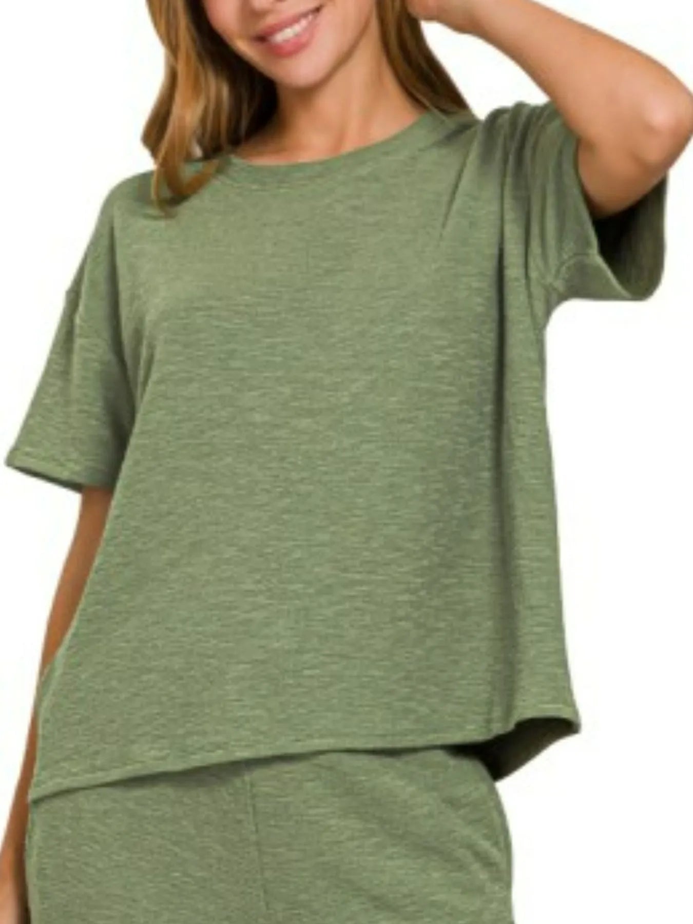 Olive Slub Short Sleeve T-Shirt and Pants Lounge Set-Olive slub lounge set with asymmetrical short-sleeve top and wide-leg pants. Soft cotton-blend two-piece outfit for chic, comfortable casual wear.-Reef Love