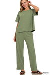 Olive Slub Short Sleeve T-Shirt and Pants Lounge Set-Olive slub lounge set with asymmetrical short-sleeve top and wide-leg pants. Soft cotton-blend two-piece outfit for chic, comfortable casual wear.-Reef Love