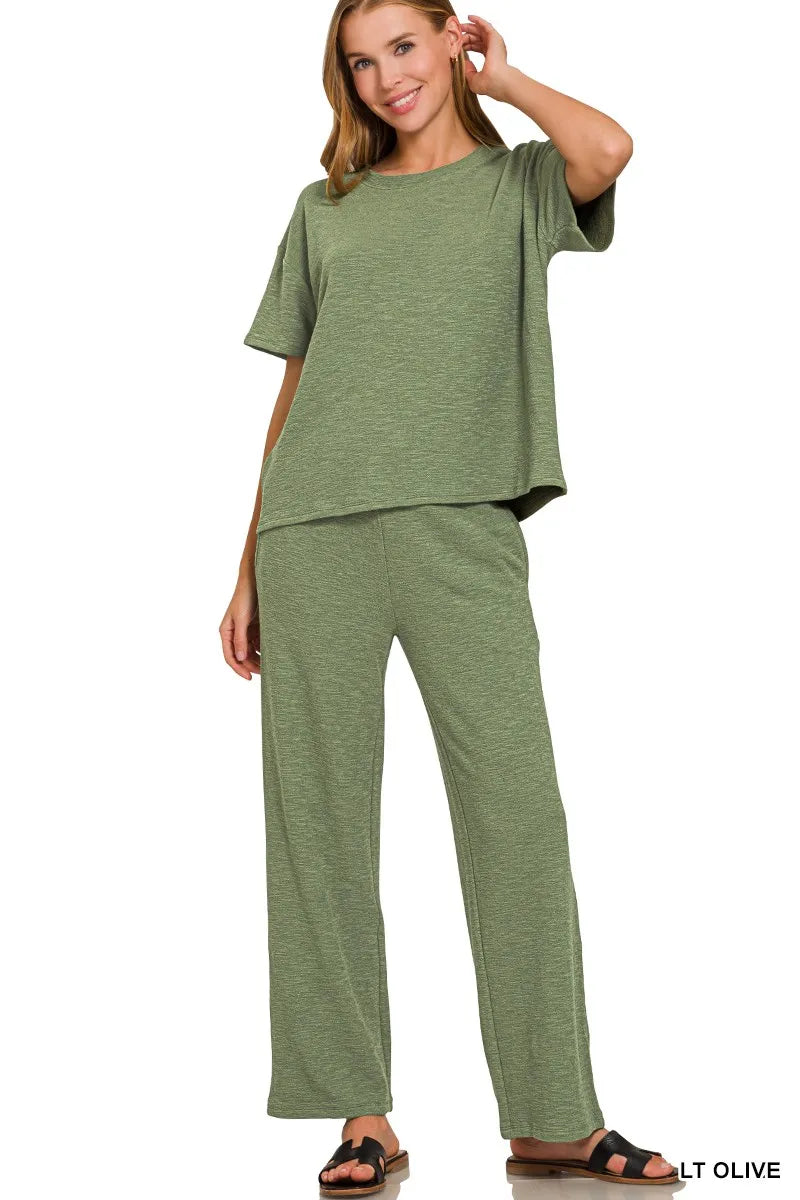 Olive Slub Short Sleeve T-Shirt and Pants Lounge Set-Olive slub lounge set with asymmetrical short-sleeve top and wide-leg pants. Soft cotton-blend two-piece outfit for chic, comfortable casual wear.-Reef Love