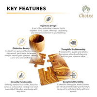 Olive Wood Coaster Puzzle 4-Pcs Set-Olive Wood Coaster Puzzle 4-piece set. Handcrafted from Mediterranean olive wood with unique grain patterns. Stylish, functional, and interactive home décor.-Reef Love
