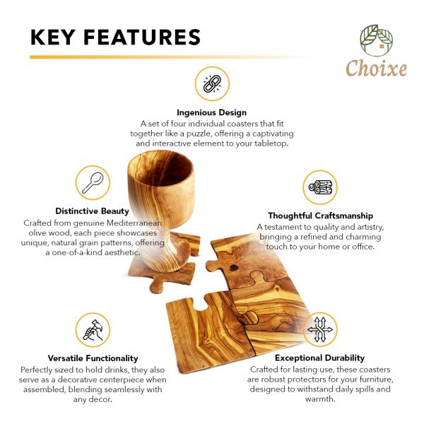 Olive Wood Coaster Puzzle 4-Pcs Set-Olive Wood Coaster Puzzle 4-piece set. Handcrafted from Mediterranean olive wood with unique grain patterns. Stylish, functional, and interactive home décor.-Reef Love