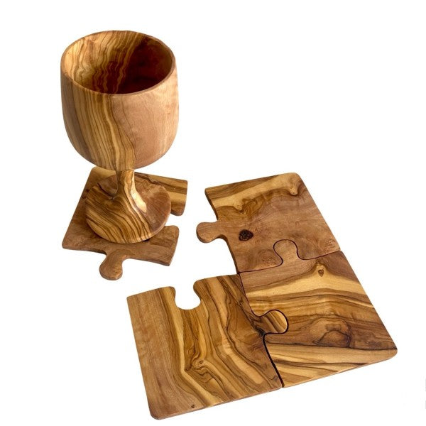 Olive Wood Coaster Puzzle 4-Pcs Set-Olive Wood Coaster Puzzle 4-piece set. Handcrafted from Mediterranean olive wood with unique grain patterns. Stylish, functional, and interactive home décor.-Reef Love