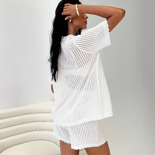 Open Crochet Knit Two Piece Outfit Set