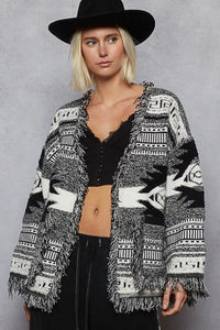 Open Front Geometric Print Cardigan with Fringe Detail