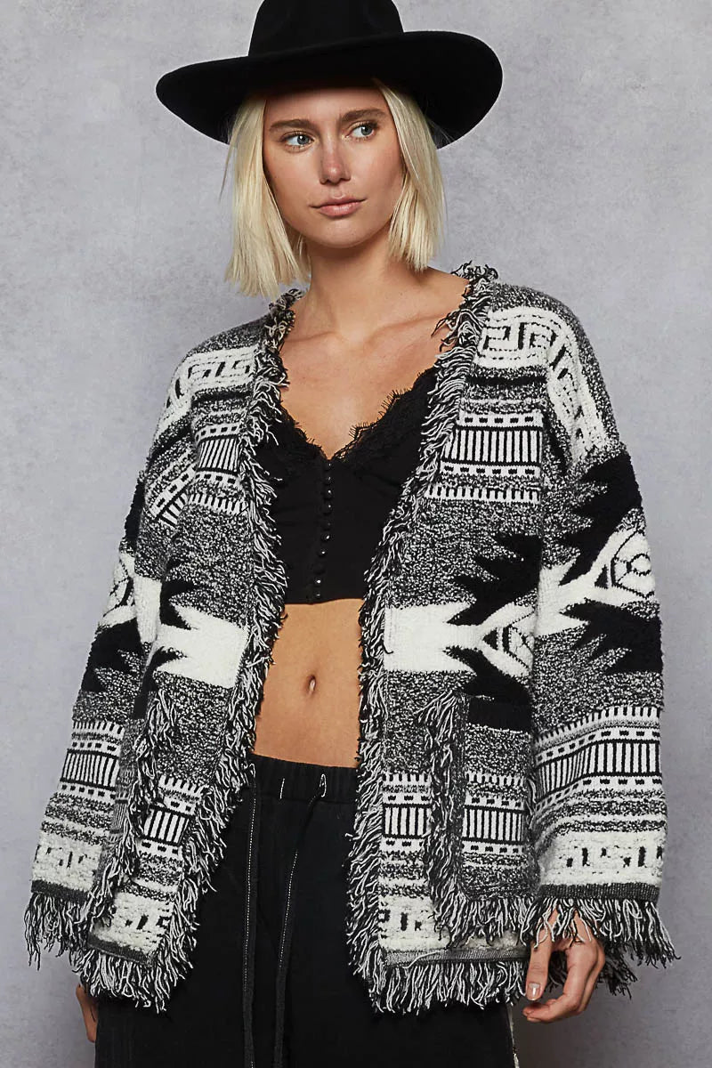 Open Front Geometric Print Cardigan with Fringe Detail