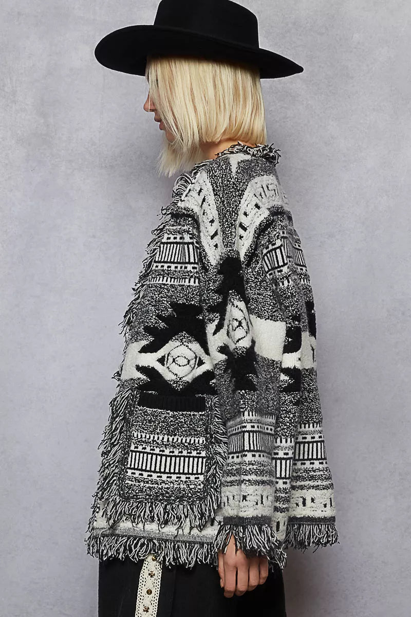 Open Front Geometric Print Cardigan with Fringe Detail