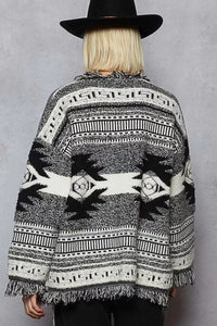 Open Front Geometric Print Cardigan with Fringe Detail